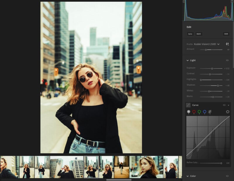 A woman with blonde hair, sunglasses, and a black outfit poses confidently in the middle of a city street. Photo editing tools and color curves are visible on the right side of the screen.
